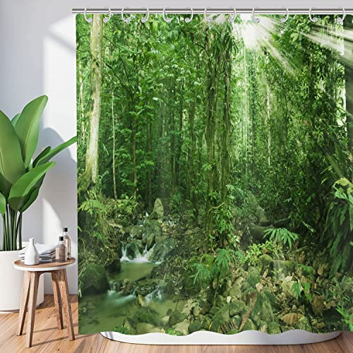 Hnmdmyi Cortina de Ducha Bosque 180x200, Tropical Selva Bosque Verde Árbol Planta Naturaleza Paisaje Cortina de Baño Tejido Poliéster Impermeable Lavable Cortina de Baño con Ganchos