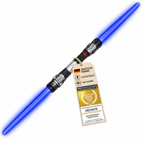 GOODS+GADGETS® Dubbelbladigt Ljussvärd 138 cm med Ljud & Ljus | Lasersvärd med duellblad, blått sken, vibration och ljud – 138 cm totallängd, passar barn och vuxna