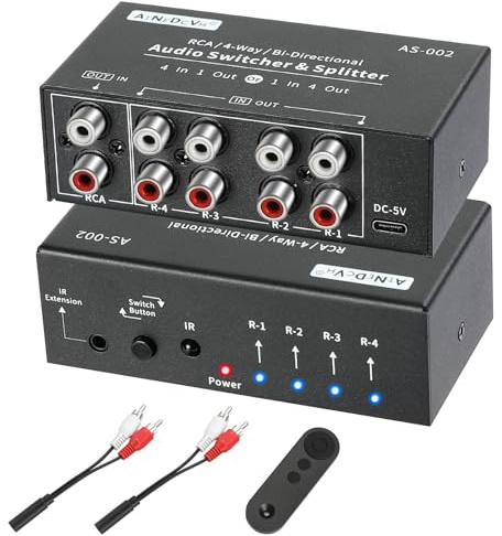 AtNeDcVh RCA 4-vägs tvåriktad ljudbrytare, 1 i 4 ut/4 i 1 ut stereo L/R ljudkanal ljudbrytare väljarlåda med fjärrkontroll för högtalare hörlurar förstärkare