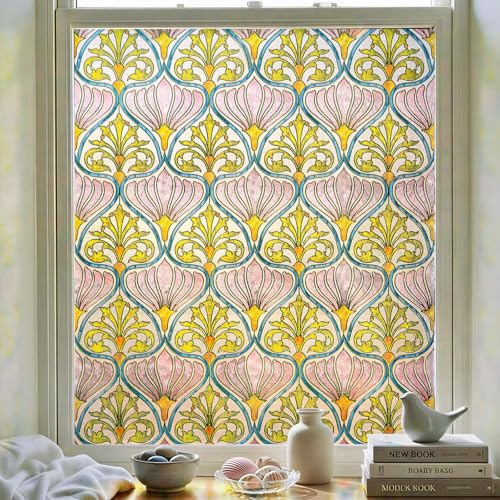 3D Stained Glass Window Film, Decorative Window Privacy Film for Bathroom,Front Door,Home, Sun Blocking Heat Control,Static Cling,Daisy, 23.6inch x 35.4inch