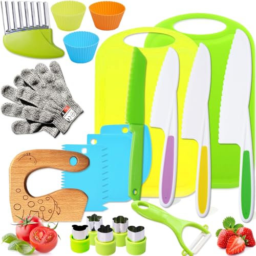 Kids Kitchen Knife Tools -Montessori Toddlers Cooking Sets for Real Cooking with Chef Knives/Crinkle Cutter/Kids Cutting Board/Y-Peeler/Fruit Cutters Shapes/Kitchen Gloves and Dough Cutters