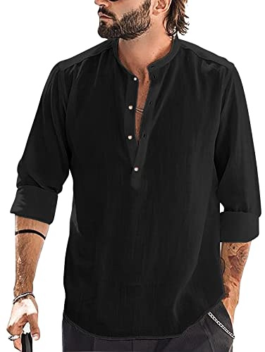 Runcati Chemise à manches longues en coton et lin pour homme - Col montant - Chemise de plage - Chemise d'été élégante
