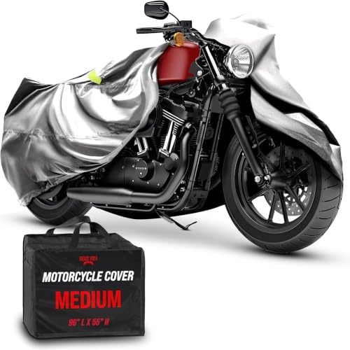 Badass Moto Ultimate Waterproof Motorcycle Cover - Outdoor Storage Motorcycle Covers for Harleys - Street or Sport Bike. Taped Seams, Windshield Liner, Heat Shield, Vents, Reflective - Medium