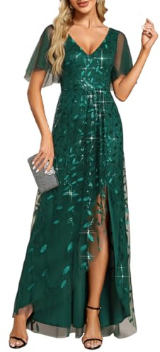 Ever-Pretty Abito da Ospite di Nozze Asimmetrico Scollo a V Linea A Paillettes Foglia Stile Impero Abito Elegante Donna Cerimonia Verde Scuro 46