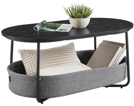 VASAGLE Couchtisch oval, Tisch mit Stauraum, Beistelltisch, Wohnzimmertisch mit Korb aus Stoff, modern, Metallrahmen, tintenschwarz-schiefergrau LCT222B56