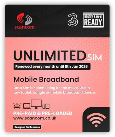 Three Unlimited Data SIM - Uncapped 5G - Preloaded MONTHLY Until January 2026 - Plug & Play for Routers & Phones - Access to Three & Vodafone - Connects to the Strongest Signal available