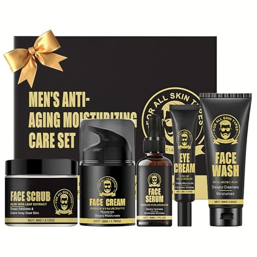 Ensemble de Soin Visage Homme, 5 Pcs Skincare Routine Kit avec Nettoyant, Sérum, Crème Hydratante, Gommage Exfoliant, Crème pour les Yeux, Cadeau Saint Valentin Anniversaire pour Homme