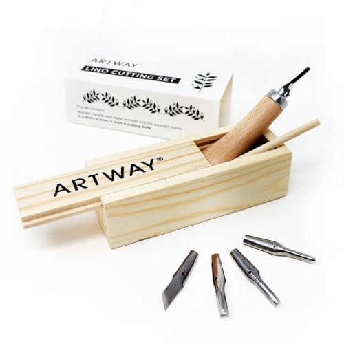 Artway Lino Cutting Tools – Ideal for Relief Printmaking – 5 Assorted Cutting Nibs and Ergonomic Handle in Wooden Storage Box