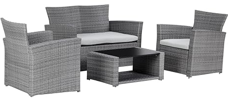 METRO Professional Salotto da Giardino Brantford, Set di 4 pezzi, Rattan/Poliestere/Vetro, 1 Divano a 2 Posti, 2 Poltrone, 1 Tavolo, Mobili da Esterno, Grigio
