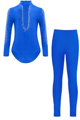 iiniim Kinder Turnanzug Jungen Glitzer Langarm Gymnastikanzug mit Hose Ganzkörper Trikot Leotard Eiskunstlauf Body Overall Wettbewerb Tanzkostüm Blau 170-176