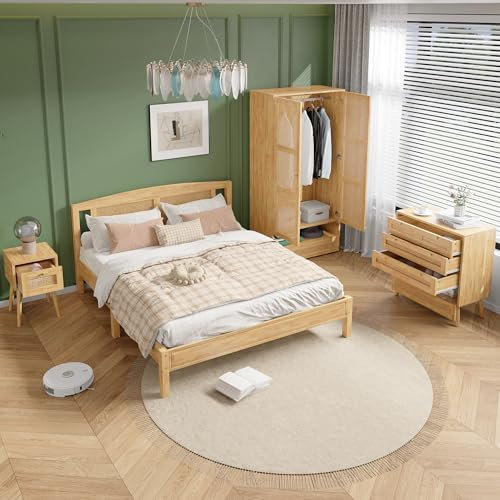 FAYICIC Komplettschlafzimmer Set, 4-TLG. modernes Rattanbett+Nachttisch+Kommode+Kleiderschrank, 160x200cm Doppelbett, Kiefer+Spanplatten+PE-Rattan, Natur