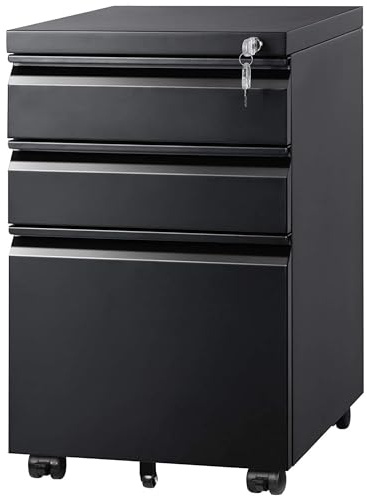 DEVAISE Caisson Bureau avec 3 Tiroirs, Meuble Rangement Bureau Tout-en-Un, Support Imprimante et Caisson à roulettes, Noir