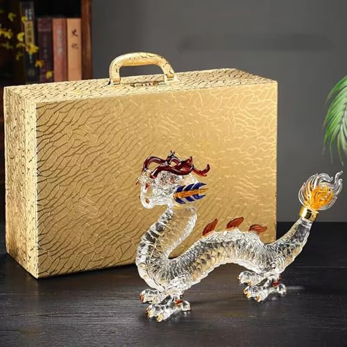YUZDNM Art Statue - 1000ml Dragon Drinking Decanter Whiskey And Wine Decanter, Zodiac Dragon Shape Whiskey And Wine Decanter, Glass Animal Whiskey Bottle, Wine Or Liquor Decanter(1000ml+suitcase)