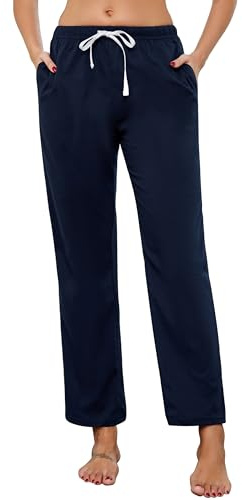 Lovasy Pantaloni del Pigiama Lunghi Donna in Cotone Invernali Caldi | Pantaloni da Notte Tinta Unita con Tasche S-XXL