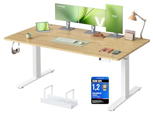 VASAGLE Höjdjusterbart elektriskt skrivbord, 160 x 80 cm, med USB-C-port, stativ för multiuttag, påminnelse om stillasittande livsstil, 3-höjds minnesfunktion, distansarbete, färg naturlig ek
