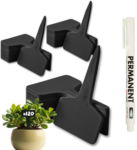 CULTIVEA® 120 Etiquetas Negras para Plantas + Rotulador Blanco | Marcadores de Jardín Reutilizables | Plástico Resistente, Waterproof, para Huerto Exterior, Semillas, Flores