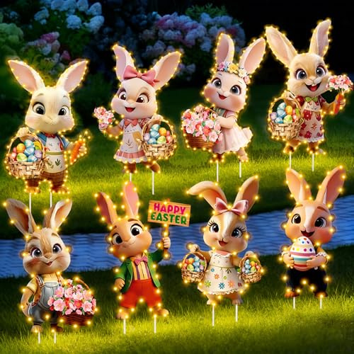 YOUYIKE Coniglio Pasquale Esterno, 8 Coniglio Cartello & LED Luci a Stringa, Decorazioni Pasquali Giardino