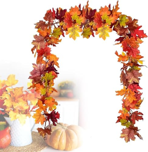 Fall Leaf Garland, Autumn Foliage Mantel & Table - Autumn Thanksgiving Fall Decor 1.8m/Piece Easy Hanging Artificial Maple Leaf Garland-2pack