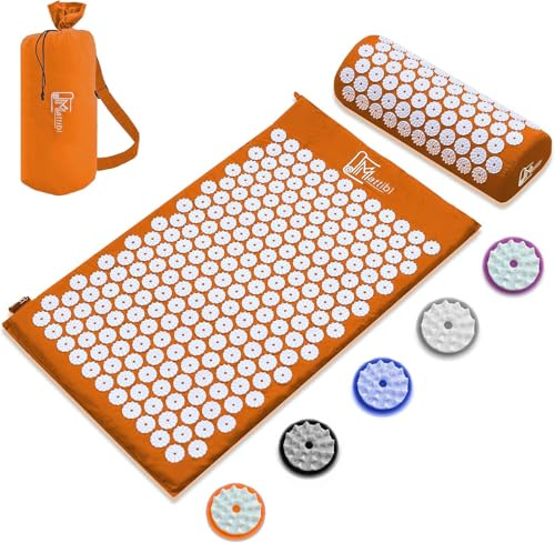 Esterilla de acupresión con cojín para masaje y alivio del dolor [el original], juego de estera de aguja naranja para relajación para cuello, espalda, pies | Yantra Matt, estera de púas para