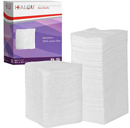 HEALQU 4x4 Gauze Pads - 12 Ply Woven Pack of 200 - Ultra Absorbent Soft Non-Sterile Surgical Sponges for Wound Dressing, Debridement, Cleaning and Prepping