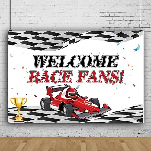 Bovlleetd 180x150cm Racing Pista Sfondo BENVENUTO Gara Fan Banner Nero Bianco Griglia Pista Cartone Animato Sport Auto Fotografia Festeggiare Gara Vittoria Trofeo