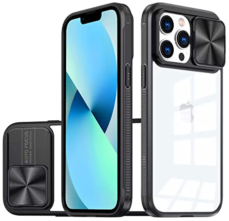 LIUKM Cover per iPhone 13 Custodia, Scorrevole Protezione Fotocamera Ultra Sottile Leggero Hard PC Back Cover e TPU Bumper Protettiva Case [Antiurto Antiscivolo AntiGraffio] - Nero
