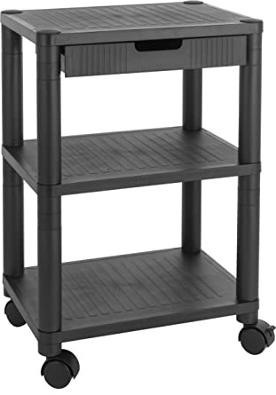 Baroni Home Mobile Ufficio con Ruote e Cassetto con Tre Ripiani, Carrello con Scaffali in Plastica, Supporto con Piano d’Appoggio per Stampante, Nero