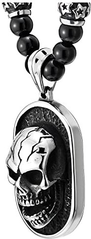 COOLSTEELANDBEYOND Gothic-Stil Herren Schwarze Onyx-Perlen Halskette, Edelstahl Geschwärzte Dog Tag Anhänger mit Totenkopf