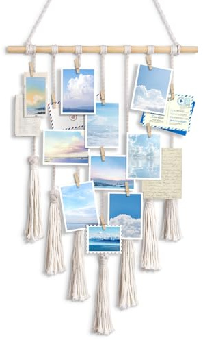 ecooe Fotohängande makramé vägghängande fotovägg bildram collage boho-dekoration för heminredning med 24 träklämmor och 1 spårlösa spikar fotoupphängning (100 cm x 40 cm)