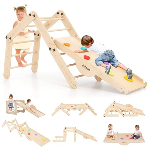 INFANS 12 in 1 Climbing Toys for Toddlers, Upgrade Wooden Montessori Foldable Triangle Climber Set with Reversible Ramp Slide Ladder Seesaw, Indoor Pikler Climb Activity Jungle for Kids Age 3+