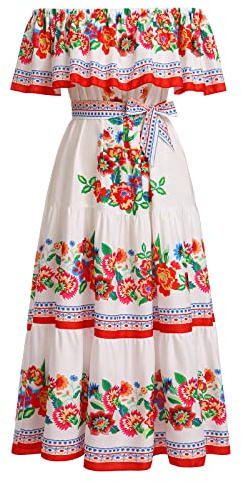 EFOGEP Women Mexican Fancy Dress Traditional Fiesta Dresses with Belt