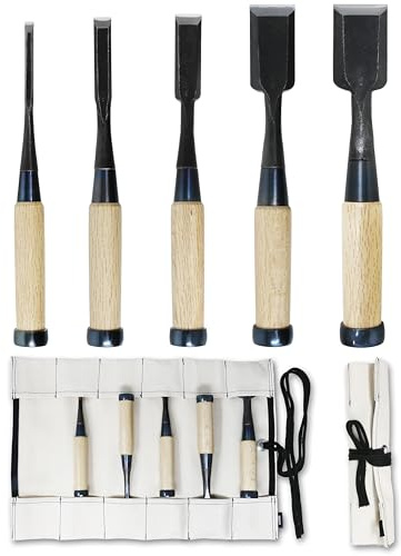 KAKURI Japanese Wood Chisel Set with Roll Up Case for Woodworking (1/4, 1/2, 3/4, 1-1/4, 1-3/8), Made in JAPAN, Razor Sharp Japanese High Carbon Steel Blade, White Oak Wood Handle