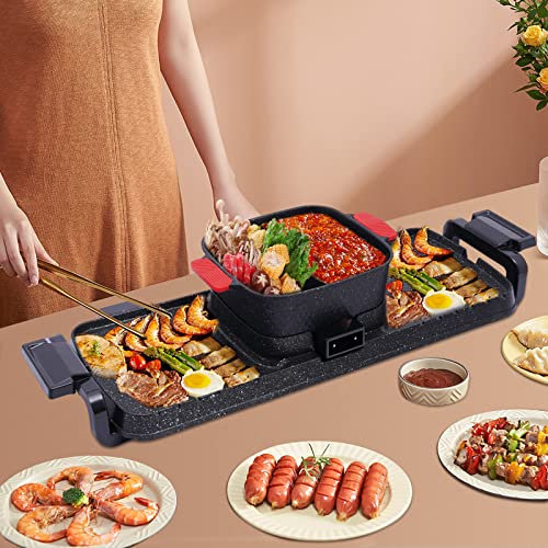 Mermajestic Electric Hot Pot und grill Elektrisch Hotpot Topf Elektrogrill 2 in 1, mit Klarer Deckel Indoor Korean BBQ Thai Barbecue Fondue Raclette für 6 Personen, 5 Gang Separate Temperaturregelung