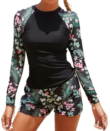 Owntop Damen 2-Teiliger Rash Guard, Langärmlige Badeanzüge mit Hoch Taillierten Boyshort Bottom, Sonnenschutz Schwimmshirt Rash Weste, UV UPF 50+ Bademode, Schwimmen Surfen, Schwarz S