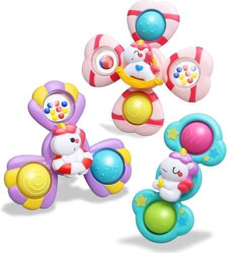 Pourbibi Spinners for Babies - Suction Cup Baby Spinner Toys with Rotating Crystal Bell Unicorn Bath Toys with Silicone Bubbles Baby Travel Toys for Babies High Chair Tray Table Gift for 1+ Years