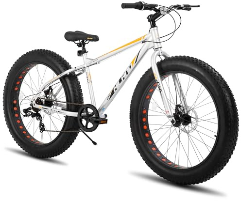 Hiland 26 Inch Fat Tire Mountain Bike for Boys and Girls, 7-Speed Mountain Bike, Double Disc Brake, Beach And Snow Bike Silver