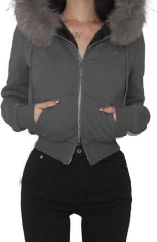 FENXIXIONE Sweats à capuche camouflage avec bordure en fausse fourrure pour femmes, sweat-shirt court Y2k à manches longues, veste zippée avec capuche en fourrure, gris, M