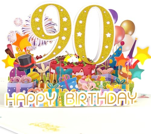 DLYMXGC Biglietto di auguri pop-up per 90 anni, con stampa fuochi d'artificio, ideale come regalo d'amore per adulti e bambini, con note vuote e busta, pieghevole, per figlia, figlio, mamma, papà