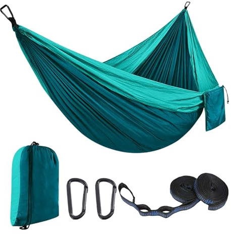 Hamaca de camping – Hamaca portátil ultraligera con capacidad de carga de 300 kg, hamacas de jardín de nailon de paracaídas para exteriores e interiores, incluye 2 mosquetones y 2 eslingas de nailon