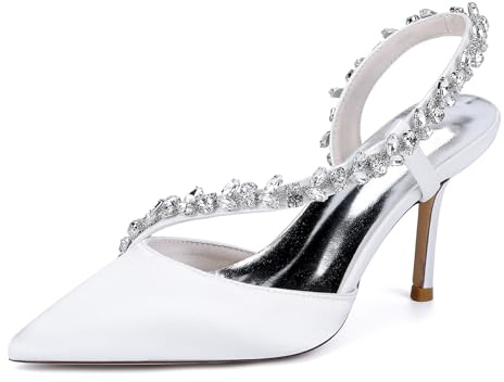 Gycdwjh Mode Chaussure de Mariee Strass a Bout Pointu Satinée Slip-on Sandale Femme Bride Cheville Slingback Stylet Talons,Blanc,38 EU