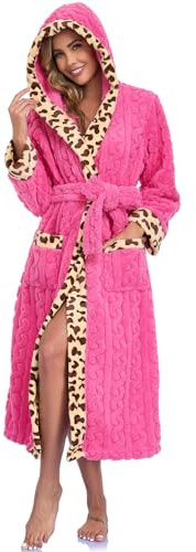 RONGTAI Accappatoio Donna con Cappuccio in Pile Loop, Stampa Leopardata - Morbido, Caldo ed Elegante, Tendenza Moda per Casa, SPA e Regalo (IT, Testo, L, Regular, Regular, Rose)