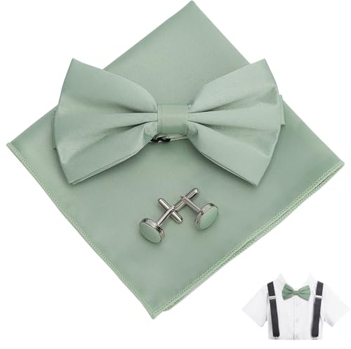 VOSSOT fluga män grönt set elegant fluga näsduk manschettknappar män set, justerbar flugkostym, bröllop slips grön tillbehör, grön fluga kostym party present