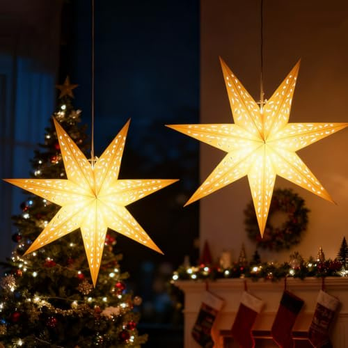 Ranjima Pappersstjärnor, julbelysning, 2 stycken 45 cm LED-pappersstjärnor, upplysta för upphängning, 3D, vikstjärna, julstjärna, fönster, stjärna, vit, hängande lampor, gardin, lampor, batteridriven