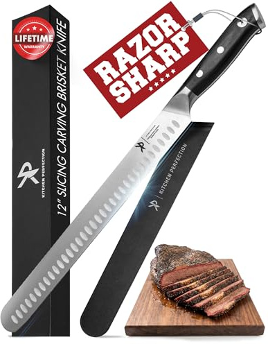 Kitchen perfection 12” Brisket Knife for Carving & Slicing Meat - Ultra Sharp Premium German Steel Granton Edge with Sheath, Full Tang Ergonomic Handle.For BBQ, Turkey & Ribs- Grilling Gifts for Men