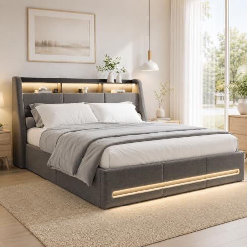 WOBOPCG Letto Imbottito Matrimoniale 160x200, Letto a Scomparsa con Tavolo da Notte Idraulico e Funzione di Caricamento LED, Letto Matrimoniale con Spazio di Archiviazione, Letto Funzionale con Spazio