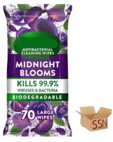 Midnight Blooms Multi-Surface Antibacterial Cleaning Wipes, Fresh Floral Scent, Household Disinfectant, 70 Large Wipes