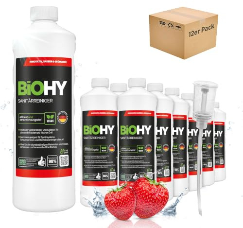 BiOHY Sanitetsrengörare (12 x 1l flaska) + doser | Kalknedbrytande koncentrat för sanitetsområdet | Badrumsrengöring med en behaglig och fräsch doft | EXTRA STARK (Sanitärreiniger)
