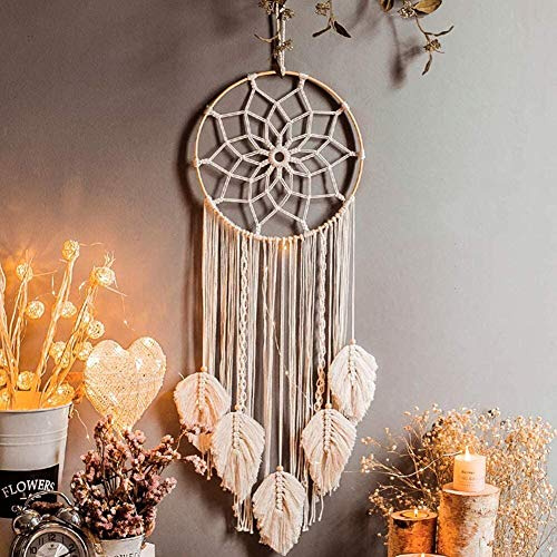 ISAKEN Boho Drömfångare Stor Vit Makramé Drömfångare Väggbonad Böhmisk Handgjord Vävd Drömfångare Med LED-Ljus Väggdekoration Gobeläng För Sovrum Vardagsrum Dekoration
