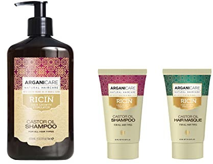 ARGANICARE | Sortiment Ricin | Shampoo Wachstumsbeschleuniger 400 ml + Shampoo 50 ml + Maske 50 ml | Mit Bio-Rizinusöl | Haarpflege | Füttert| Stärkt | Spendet Feuchtigkeit | Alle Haartypen