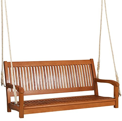 GIANTEX Banc à bascule d'extérieur 2 places - Balançoire de véranda à suspendre - En bois d'eucalyptus - Charge maximale : 360 kg - Balançoire en bois pour balcon, véranda, terrasse